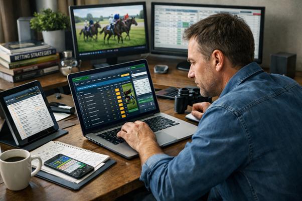 man researching betting markets on a laptop with 2 monitors in front of him
